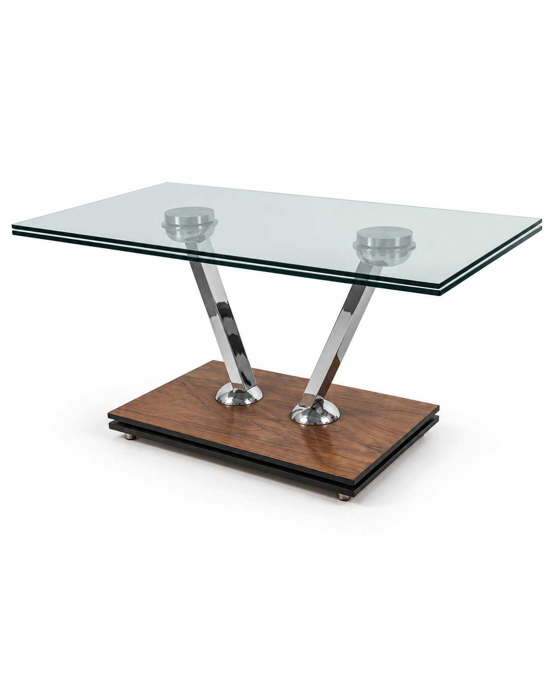 Table verre, chrome et bois — après réparation Ethic Atelier