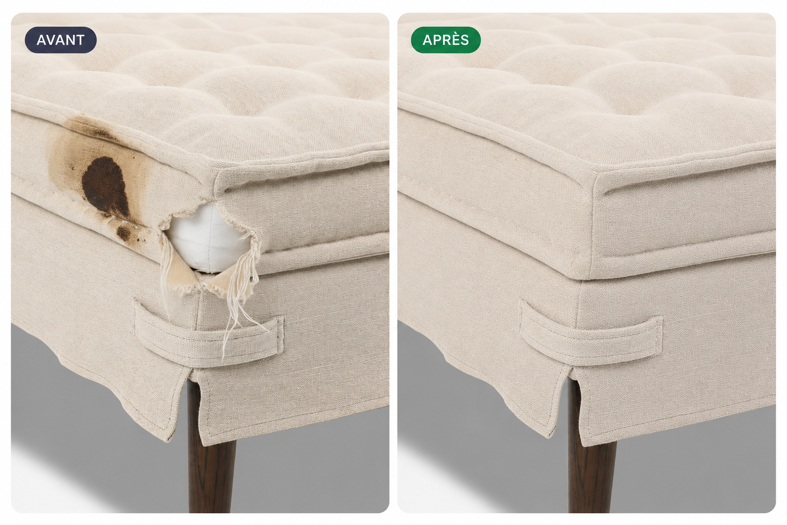 Avant et après la réparation d'une assise en tissu