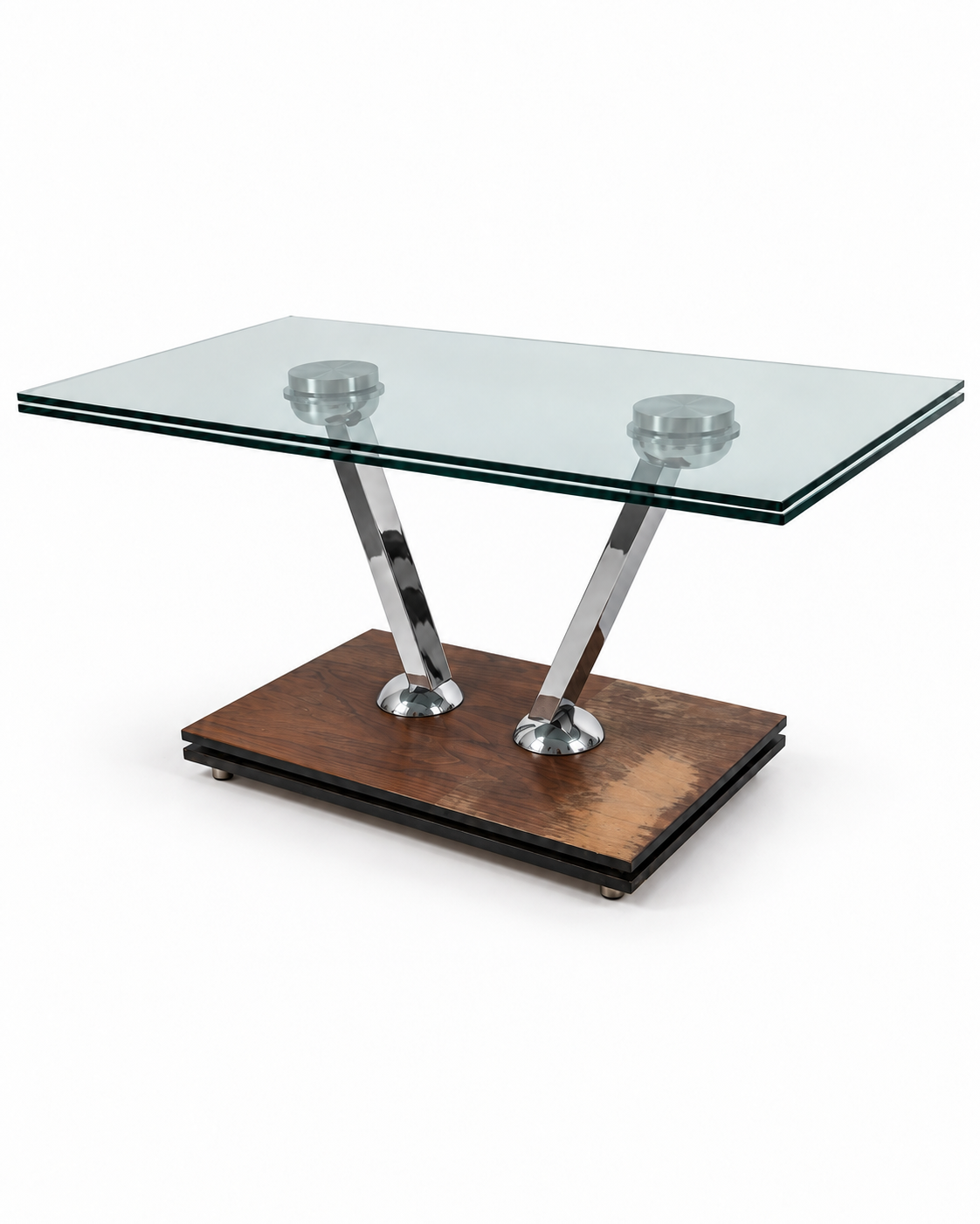 Table verre, chrome et bois — avant réparation Ethic Atelier
