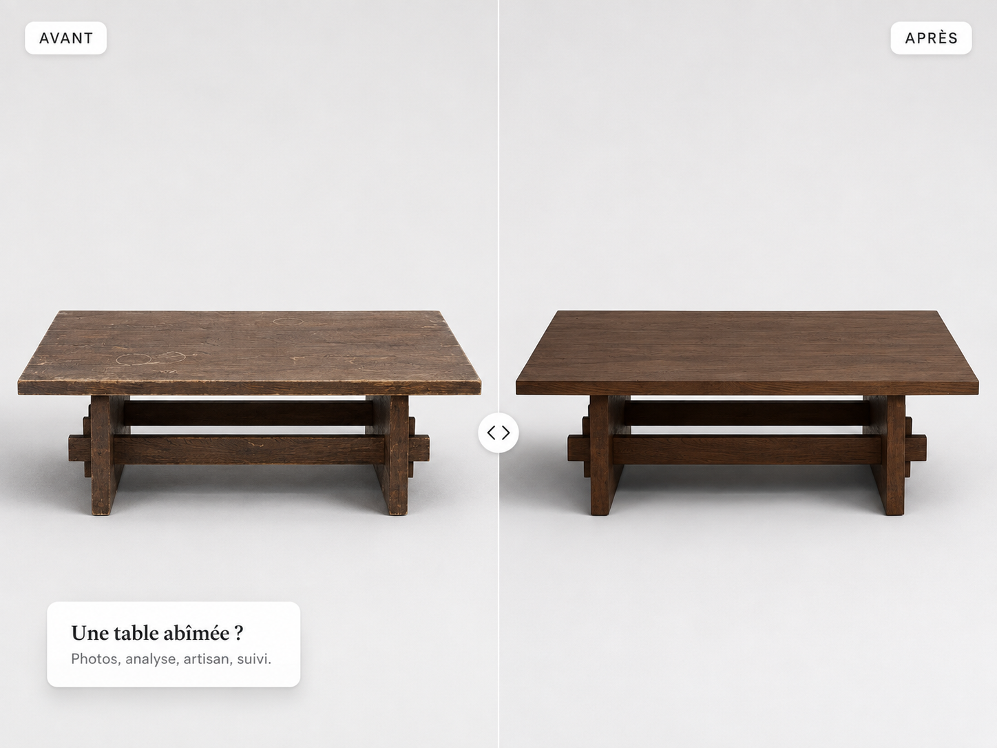 Avant après d’une table en bois réparée par Ethic Atelier